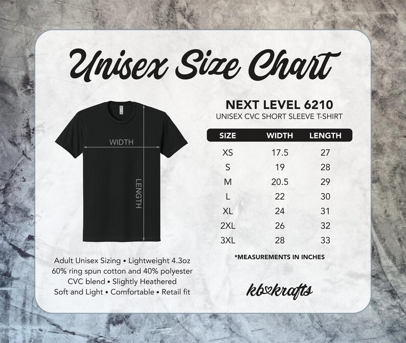 May include: A black t-shirt with a size chart labeled "Unisex Size Chart." The chart lists sizes XS to 3XL with corresponding width and length measurements in inches. The shirt is made of a blend of cotton and polyester.