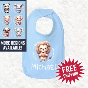 Personalized Baby Bib, Light Blue Bib, Baby Unisex Bib, Baby Gift, Baby Birthday, Animal Design Bib, Custom Baby Bib, Baby Shower Gift, Baby