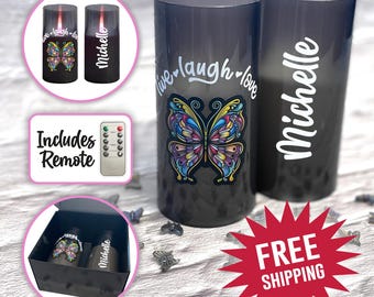 Personalized Candle, Live Laugh Love Flameless Candle, Flameless Candle with Remote, Butterfly Candle, Valentines, Mother&#39;s Day, Friend Gift