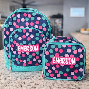 Personalisierter Kinderrucksack und Lunchbag-Set, Polka-Dot-Rucksack und Lunchbag, Kindergartentasche mit Namen, Grundschulrucksack, Back to School