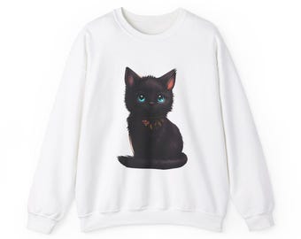 Sudadera de cuello redondo con diseño de gato negro bordado.