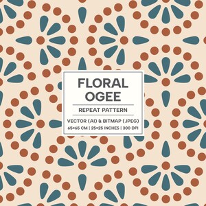 Nahtloses florales Ogee-Muster, elegantes Motiv für Innendekoration, DIY-Projekte und Papeterie, Vektor + JPEG-Dateien