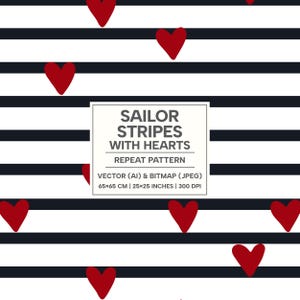 Rayas marineras modernas con corazones, patrón ancho marítimo para ropa de resort, manualidades de bricolaje, decoración costera para el hogar, archivos vectoriales y JPEG listos para imprimir