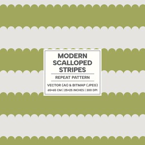 Rayas festoneadas modernas, patrón de ondas verde musgo caprichoso para bricolaje, decoración del hogar, papelería, colores de tendencia, archivos vectoriales y JPEG listos para imprimir.
