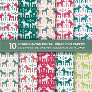 10 Dala Horse Digital Wrapping Papers, Seamless Scandinavian Christmas Patterns, 12x12 Inches, 30x30 cm, 300 DPI JPEGs