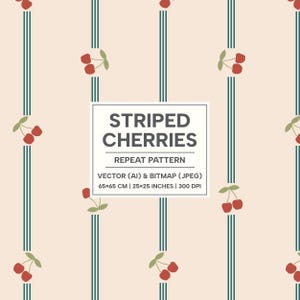 Patrón sin costuras de cerezas rayadas, manualidades, papel de regalo, decoración del hogar, papelería, paleta de tonos neutros cálidos, archivos vectoriales y JPEG, 300 ppp