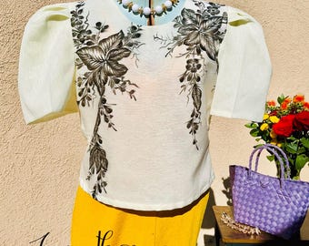 Filipiniana Painted Kimona Blouse Ivory White