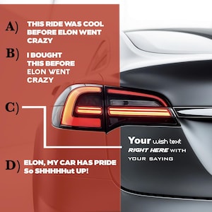 Könnte beinhalten: Ein rotes und weißes Schild mit dem Text "This ride was cool before Elon went crazy" und "I bought this before Elon went crazy". Das Schild befindet sich neben einem schwarzen Tesla mit dem Text "Your wish text right here with your saying" auf der Rückseite.