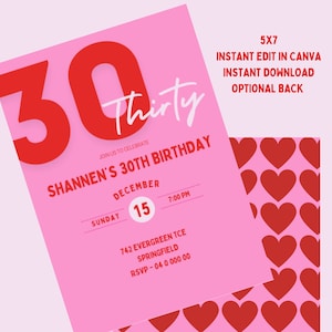 Plantilla ROSA Y ROJA 30.º Edición instantánea Descarga instantánea Plantilla Canva Editar Invitación a fiesta Editable digitalmente