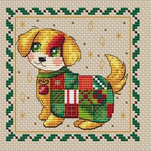 May include: A cross-stitch design of a golden puppy wearing a patchwork sweater in red, green, and white. The puppy has green eyes and a red patch on its head. The image is framed with a green border with red berries.