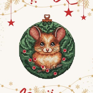 Festive Mouse Cross Stitch Pattern for Christmas Tree Toy - Instant Download PDF Small embroidery DIY Holiday pattern Modern design