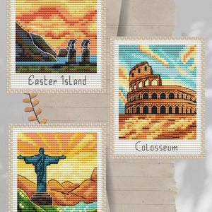 Set von 3 Briefmarke: Christus der Erlöser, Kolosseum, Osterinsel Kreuzstich Muster - Digital Download DIY PDF Modernes Design