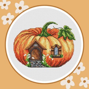 Fall Pumpkin House Cross Stitch Pattern - Instant Download Veggie cottage Autumn counted cross stitch Halloween Fairy design, DIY