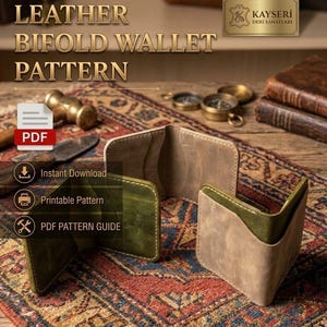 May include: A digital PDF pattern for a leather bifold wallet featuring text that reads LEATHER BIFOLD WALLET PATTERN, KAYSERI DERI SANATLARI, Instant Download, Printable Pattern, and PDF PATTERN GUIDE, with green and tan leather wallet samples.