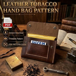 May include: A brown leather tobacco pouch featuring a flap closure with two metal snaps, a front pocket containing a Gizeh pack, and visible white stitching. The text VINTAGE STYLE LEATHER TOBACCO HAND BAG PATTERN is displayed above the pouch.
