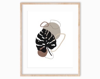 Plant Art Print 8x10, Minimal Nature Boho Wall Art, Earth Tones, Monstera Leaf Art