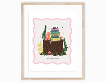 Hand-Drawn Whimsical Book Art Print 8x10, Cottagecore Art, Bookish Art Print, Book Lover Gift, Book Nook Art Print, Library Art Print