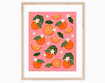Hand-Drawn Oranges Art Print 8x10, Kitchen Art, Pink and Orange Art Print, Fruit Art, Tropical Art Print, Girls Room Art, Nursery Art