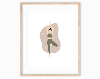 Yoga Girl Art Print 8x10, Yoga Wall Art, Yoga Pose, Boho Aesthetic, Neutral Earth Tones, Illustrated Yoga Poses, Wellness, Yoga Studio Art