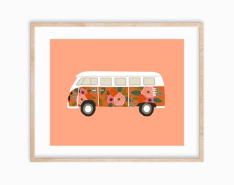 Floral Van Art Print 8x10, Classic Car, Wanderlust Boho Desert Vibes, Boy Girl Room Decor, Vintage Van, Road Trip, Pink Orange Van Art