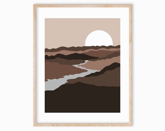 Hand-Drawn Mountain Art Print 8x10, Idaho Wall Art, Minimalist Landscape Art, Modern Landscape, Boho Art, Earth Tones Entryway Art