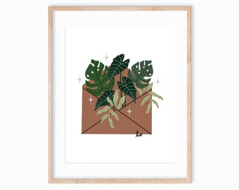 Hand-Drawn Plant Envelope Art Print 8x10, Botanical Art, Plant Lady Art, Pen Pal Gift, Boho Aesthetic Art, Houseplant Art Print
