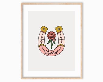 Hand-Drawn Pink Horseshoe Art Print 8x10, Western Art Print, Pink Cowgirl Art, Country Girl Art Print, Lucky Art Print, Retro Western Art