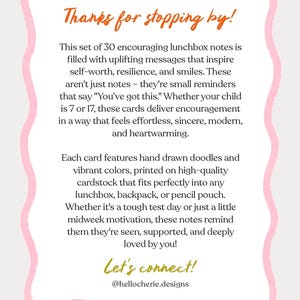 May include: A card with a pink border and text that reads "Thanks for stopping by!" and "Let's connect!" The card describes a set of 30 lunchbox notes with uplifting messages.
