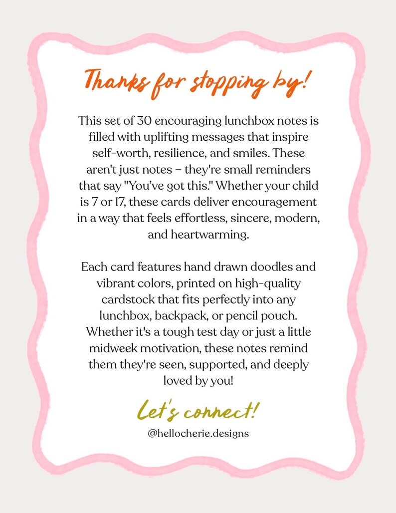 May include: A card with a pink border and text that reads "Thanks for stopping by!" and "Let's connect!" The card describes a set of 30 lunchbox notes with uplifting messages.