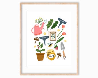 Hand-Drawn Gardening Art Print 8x10, Gardening Decor, Plant Lady Art, Cottage Core Art, Farmhouse Art Print, Homesteading Art Print