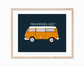Orange Van Art Print 8x10, Classic Car, Wanderlust Boho Desert Vibes, Boy Girl Room Decor
