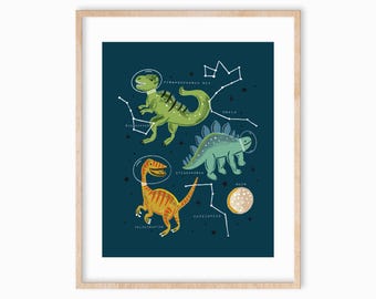 Hand-Drawn Dinosaurs in Space 8x10 Wall Art, Play Room Wall Art, Outer Space Art Print, Boys Room Art, Dinosaur Art Print