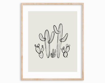 Hand-Drawn Minimalist Cactus Art Print 8x10, Western Art Print, Southwest Art Print, Neutral Cactus Art Print, Boho Art Print