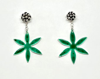 Sea Green Enameled Flower Earrings