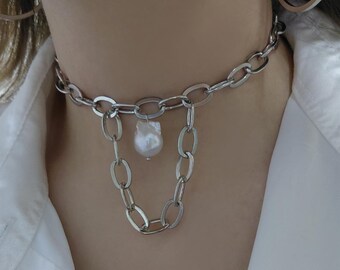 Collar de perlas barroco, gargantilla de perlas, collar de perlas, gargantilla, gargantilla de plata, collar, INOXIDABLE