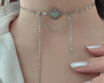 Edelstahl Halsband Vintage Halskette, Fluorit Edelstein Halskette, Fluorit Halskette, Edelstein Choker Halskette, Chokerhalsband, STEEL