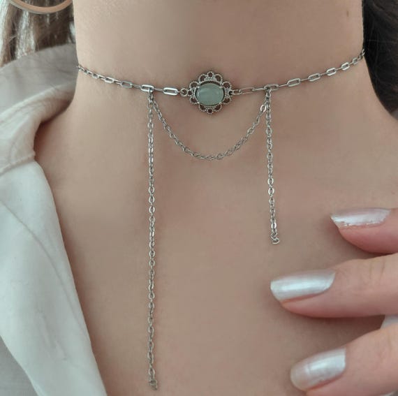 Stainless silver choker vintage necklace , fluorite gemstone necklace , fluorite necklace , Gemstone choker necklace , Choker collar, STEEL
