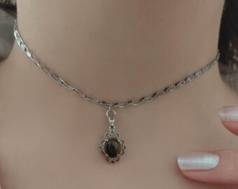 Collar de ojo de tigre, collar de piedra preciosa ojo de tigre, collar de piedras preciosas, collar vintage, joyería de piedras preciosas, ACERO INOXIDABLE