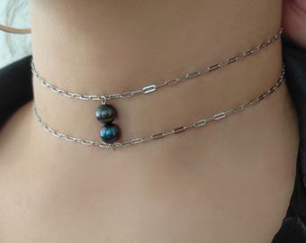 Gargantilla de perlas negras naturales, collar de perlas negras, gargantilla de plata, collar gargantilla, collar de plata, STAIBLESS