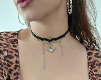 Phoenix necklace , black leather choker necklace , black collar necklace , phoenix choker necklace , choker collar , chokers, leather collar