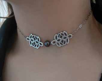 Black pearl necklace , Silver choker collar , Vintage necklace , Pearl choker necklace , Choker with black pearl , chokers , Collar,STAİNLES