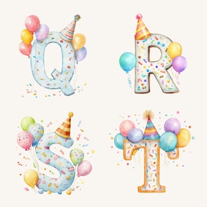 Watercolor Numbers & Letters Clipart, Birthday Alphabet PNG, Digital Download, Cute Art for Kids' Projects, Balloons, Birthday Party Clipart image 6