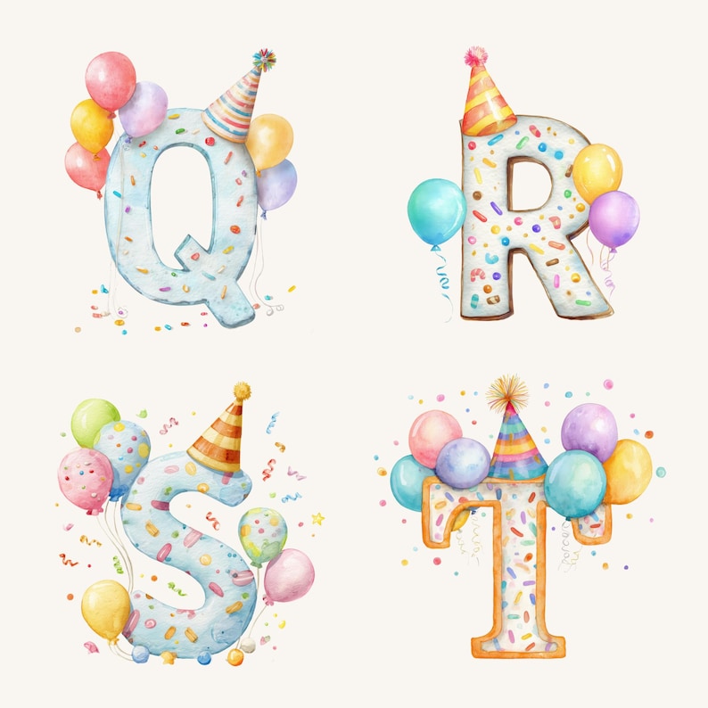 Watercolor Numbers & Letters Clipart, Birthday Alphabet PNG, Digital Download, Cute Art for Kids' Projects, Balloons, Birthday Party Clipart image 6