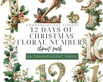 Twelve Days of Christmas Numbers Clipart, Whimsical Holiday PNG, Vintage Digital Download, Commercial Use Graphics