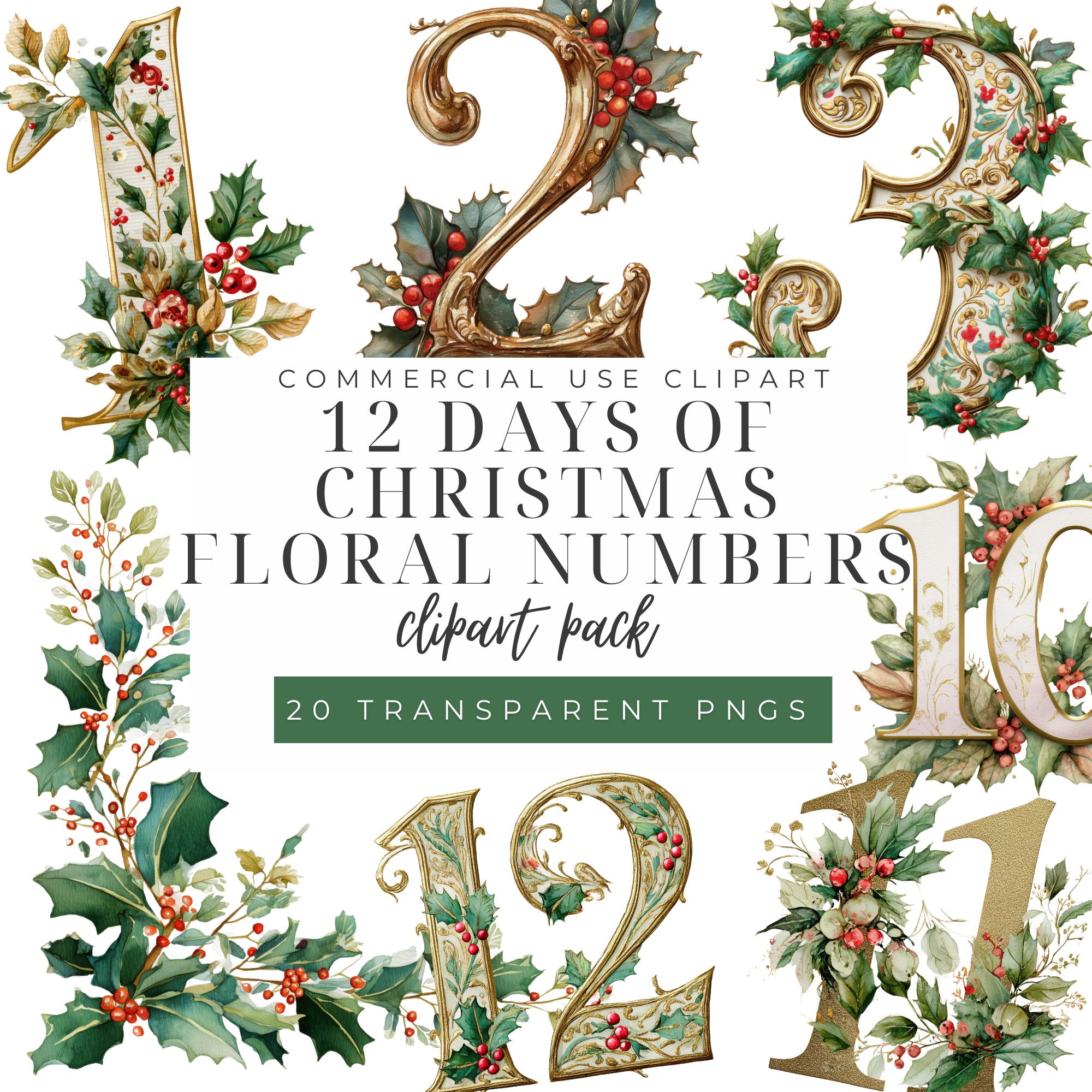 twelve days of christmas numbers clipart, whimsical holiday png