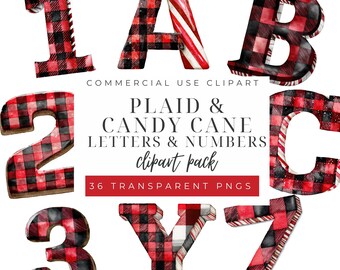 Plaid Christmas Alphabet Clipart PNG, Christmas Letters and Numbers, Holiday Banner Letters, Cozy Christmas Clipart, Christmas Party PNG