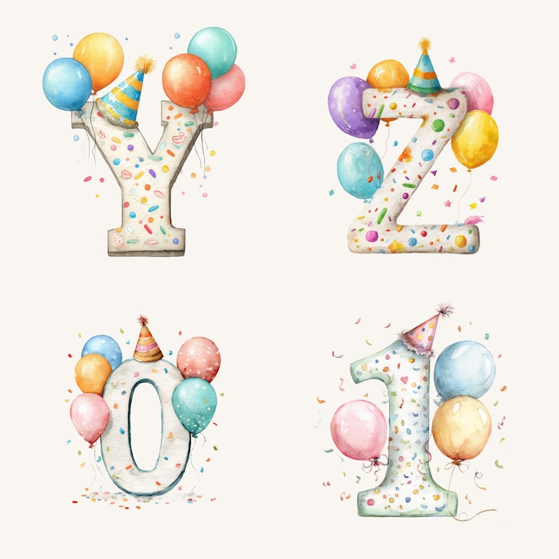 May include: Watercolor illustrations of the letters Y, Z, the number 0, and the number 1. Each is decorated with colorful sprinkles, party hats, and balloons in shades of blue, orange, pink, and yellow. Confetti surrounds each letter and number.