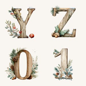 May include: Watercolor illustration of the letters Y and Z, and the numbers 0 and 1. The letters and numbers are made of wood and decorated with winter foliage, pinecones, and berries. Snow accents the tops of the letters and numbers.