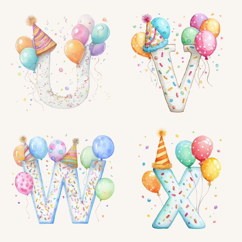 May include: Watercolor illustrations of the letters U, V, W, and X, each decorated with colorful balloons, party hats, and sprinkles. The letters are white with blue outlines, perfect for birthday decorations or party invitations.