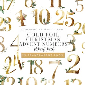 Christmas Advent Countdown Clipart, Printable Holiday Designs, Fun Countdown Calendar, Festive Decor Graphics, Gold Foil Themed